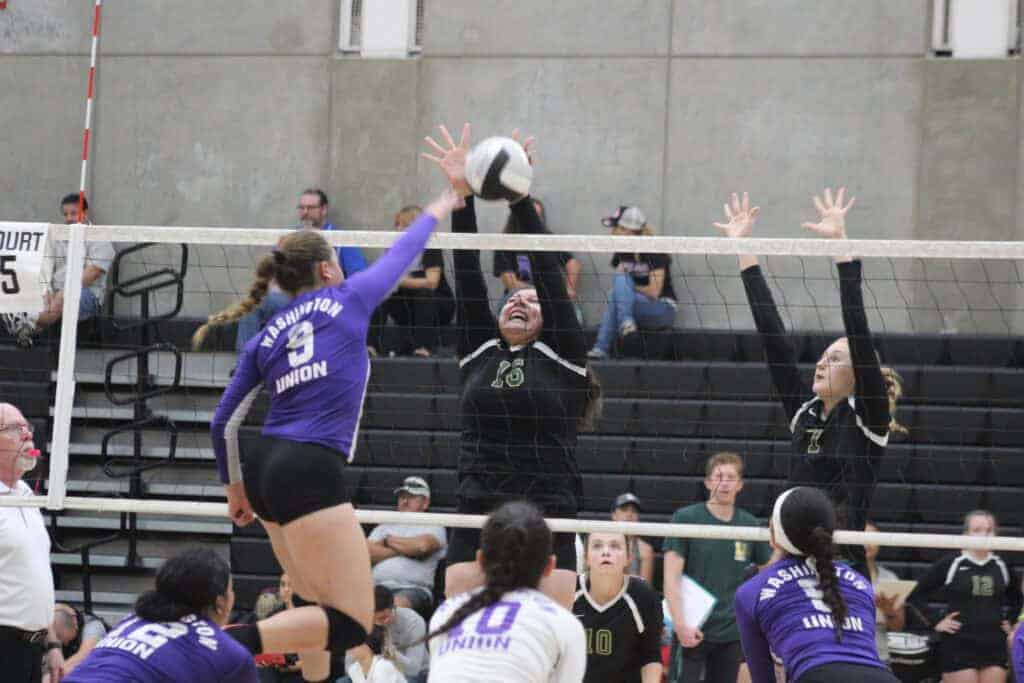 Photo - Liberty’s Sadie Vasquez reaches up for a block against Washington Union during the Madera Invitational on Saturday.