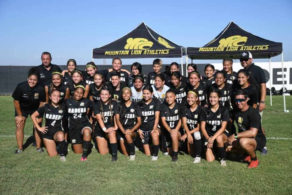 Photo - The Madera Community College Mountain Lions women’s soccer team celebrates a 3-0 victory Tuesday over the Cuesta College Cougar. The win marked the first home win in the program’s first-ever home match.