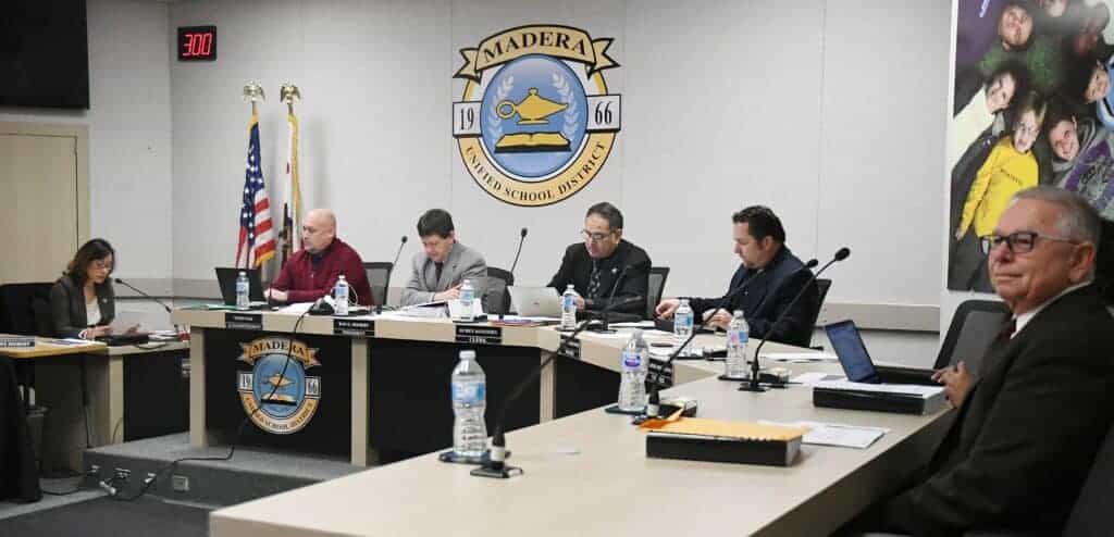 Photo - The Madera Unified School District board listens to comments during a meeting in January. The board recently decided on the new mascot for Matilda Torres High School.