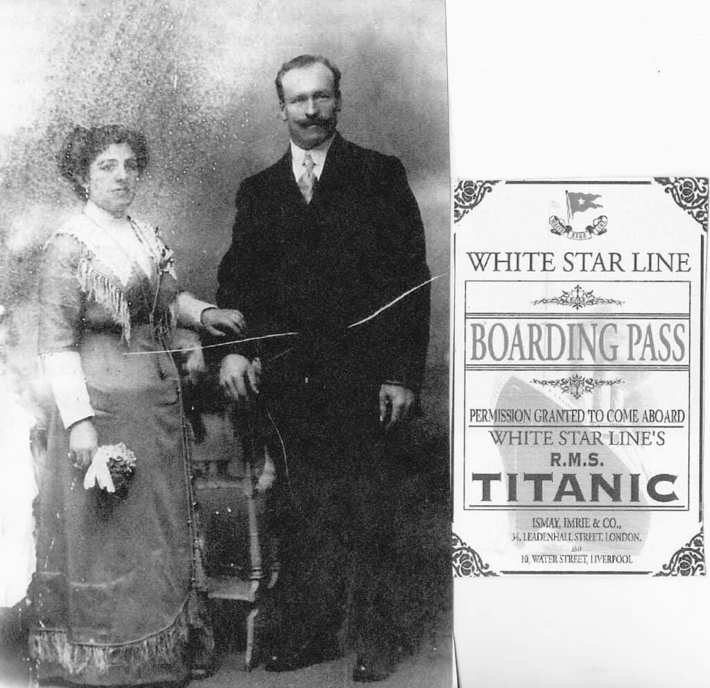 Vintage Titanic boarding pass with a man and woman in early 1900s attire.