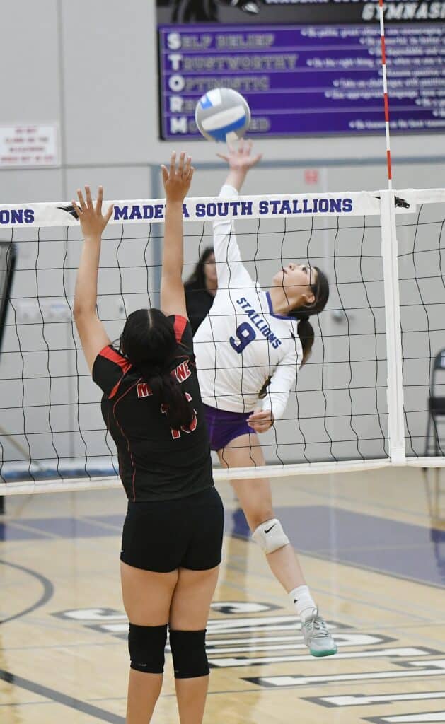 Female volleyball players competing at the net during a match.
