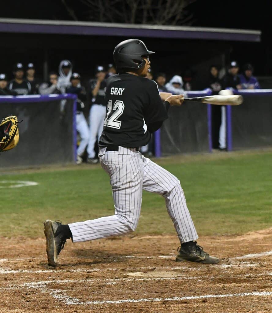 Young baseball player in action at the plate during a game.