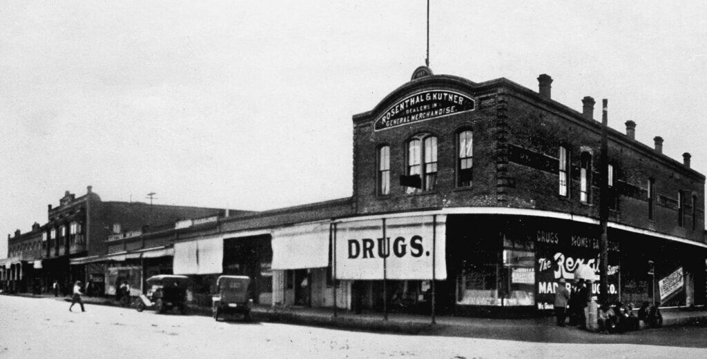 Historic drugstore building in Madera, California, early 20th century.