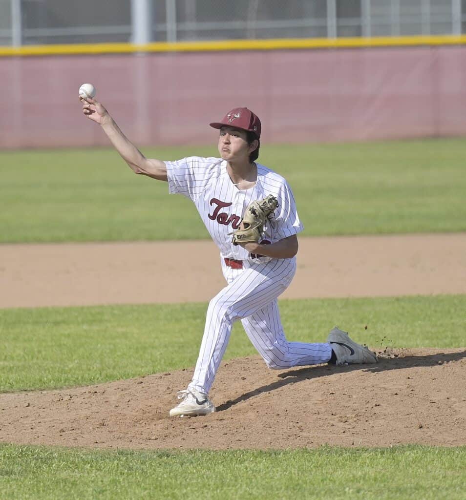 Baseball pitcher in action on the field.