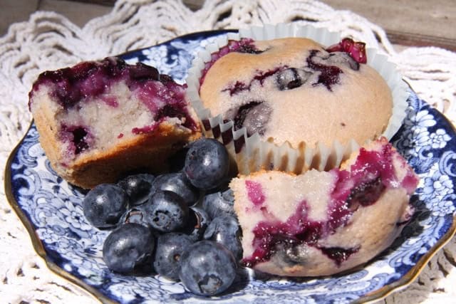 Delicious homemade blueberry muffins served with fresh blueberries on a vintage plate.