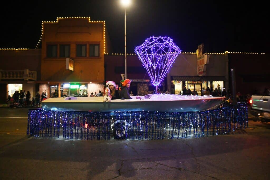 Holiday decorations in downtown Madera at night.