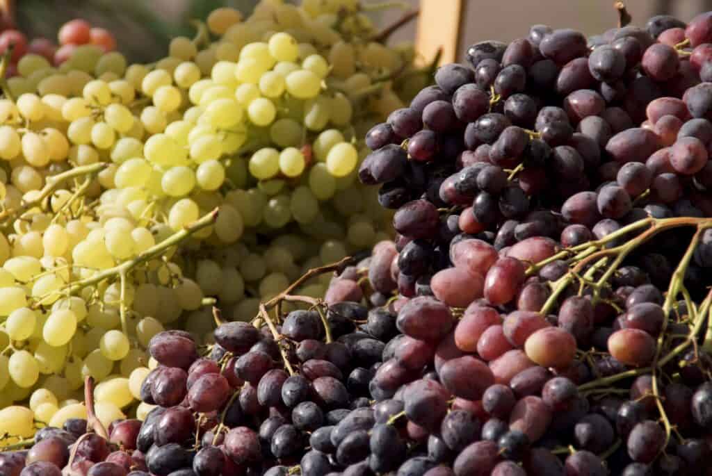 Fresh green and red grapes displayed at Madera market for local shoppers.