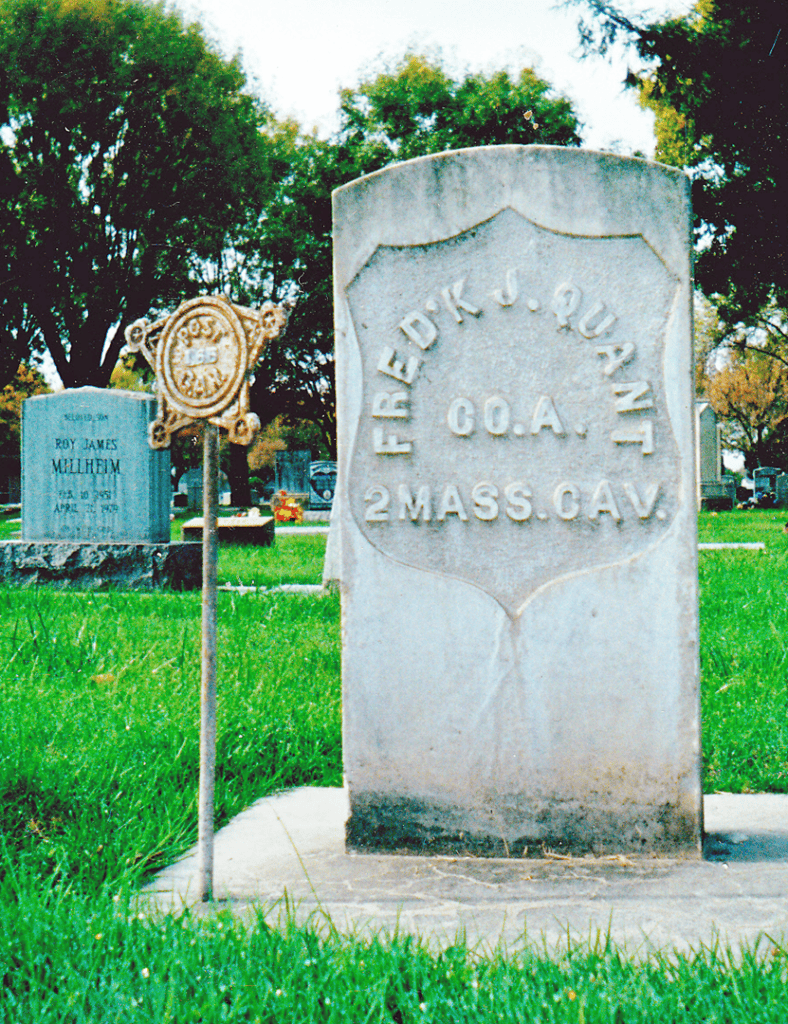 Historic gravestone of Fred J. Quarles at Madera Cemetery, California.