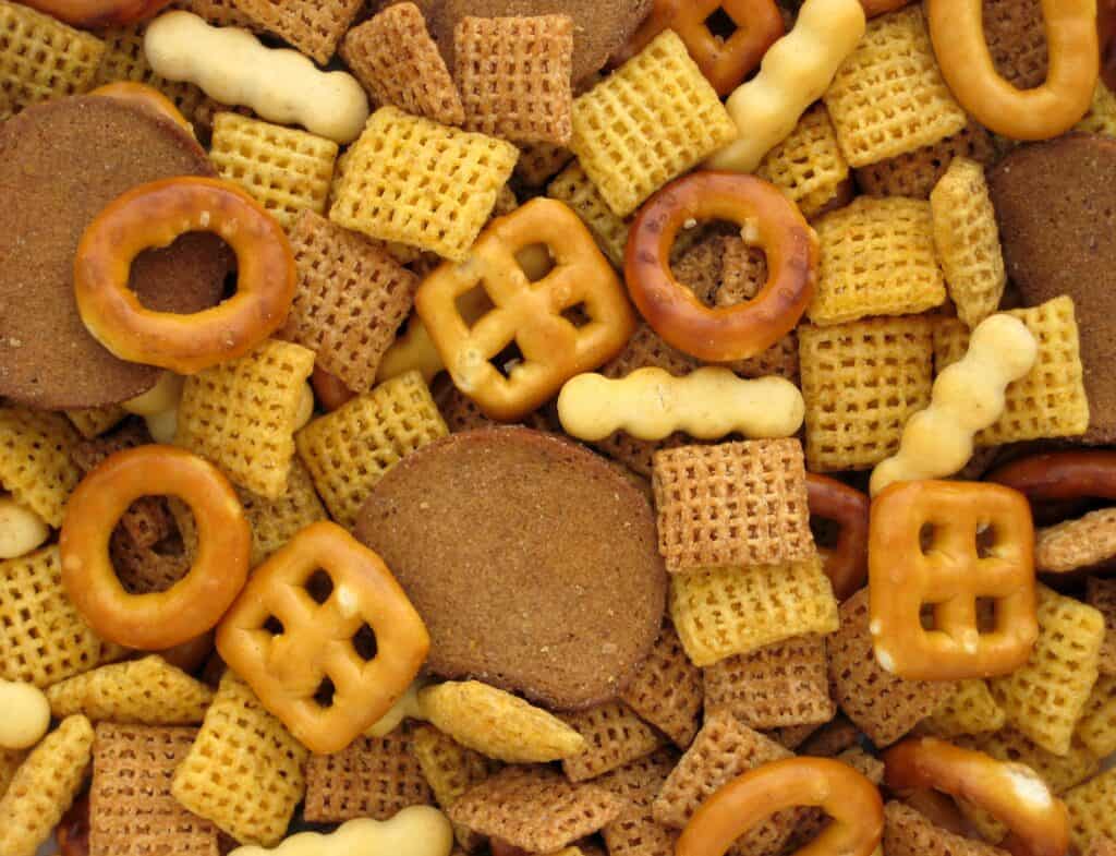 Close-up of various cookies and snack treats in different shapes and textures.