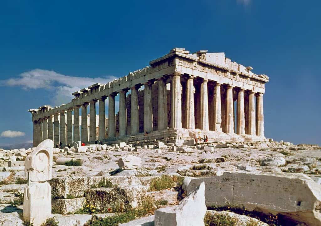 Parthenon temple on the Acropolis in Athens, Greece, showcasing classical architecture.