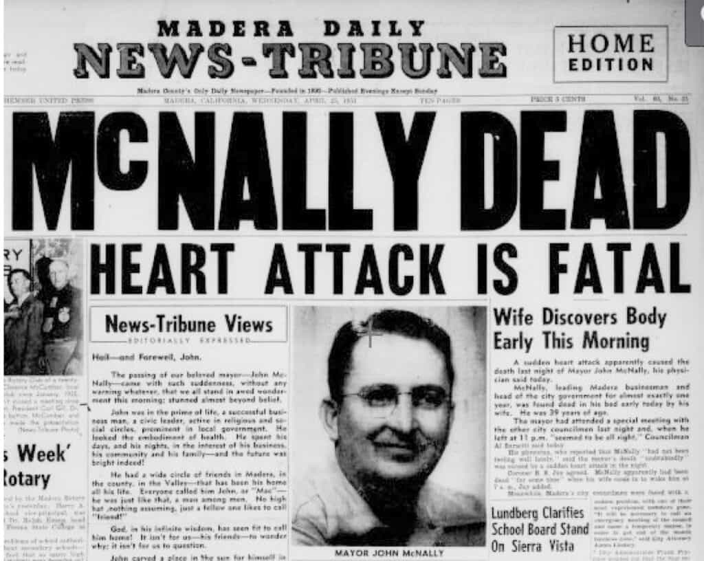 Historic black and white newspaper front page reporting Mayor John McNally's death from a heart atta.