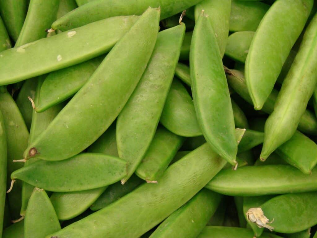 Close-up of fresh green snap peas at a market stall.