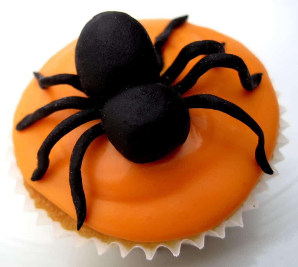Halloween spider cupcake with orange icing and black spider decoration.