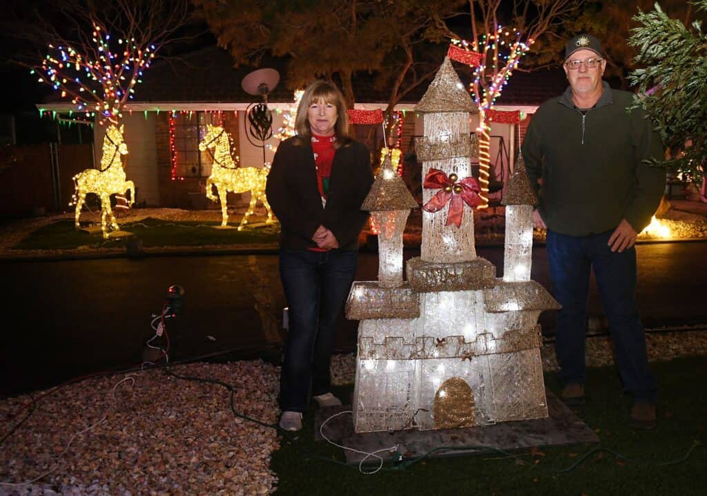 Christmas lights and glowing reindeer decorations in a backyard setting.