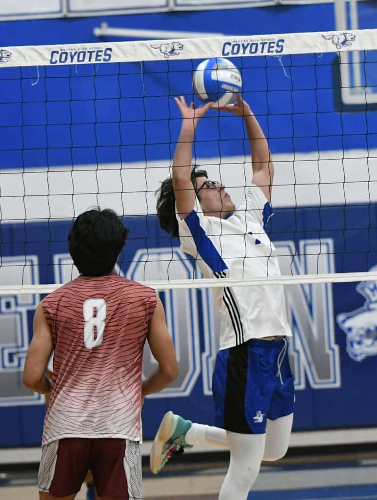 Volleyball player jumping to block the ball at a game.