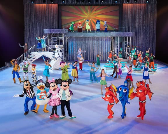 Family ice skating show with Disney characters and performers on ice.