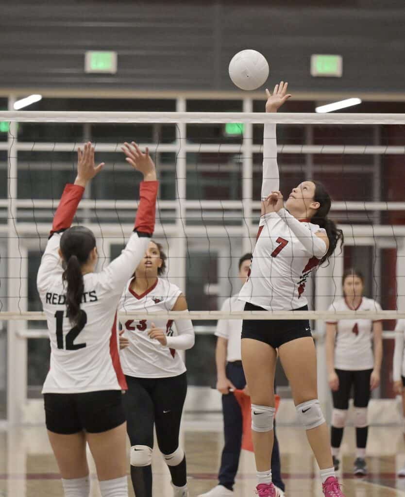 Photo of Torres’ Trinity Anderson reaches up for a kill attempt during Tuesday’s three-set sweep over Fowler in the Div. IV Central Section semifinals. She led the Toros with 13 kills. 