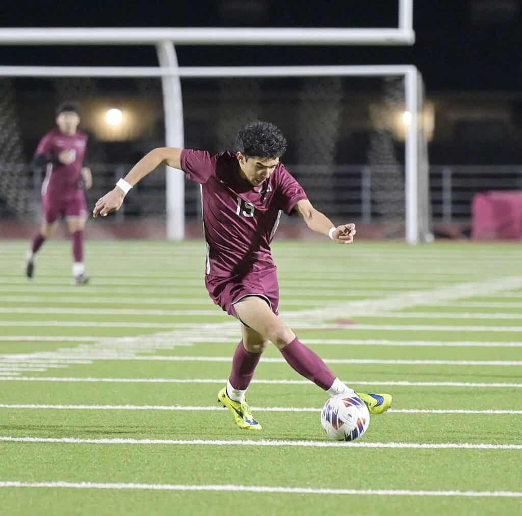 Photo of Torres’ Diego Jimenez controls the ball in the middle of the field in Friday’s semifinal match against Wasco. Jimenez assisted on the only goal of the match to send the Toros to the Div. III title match. 