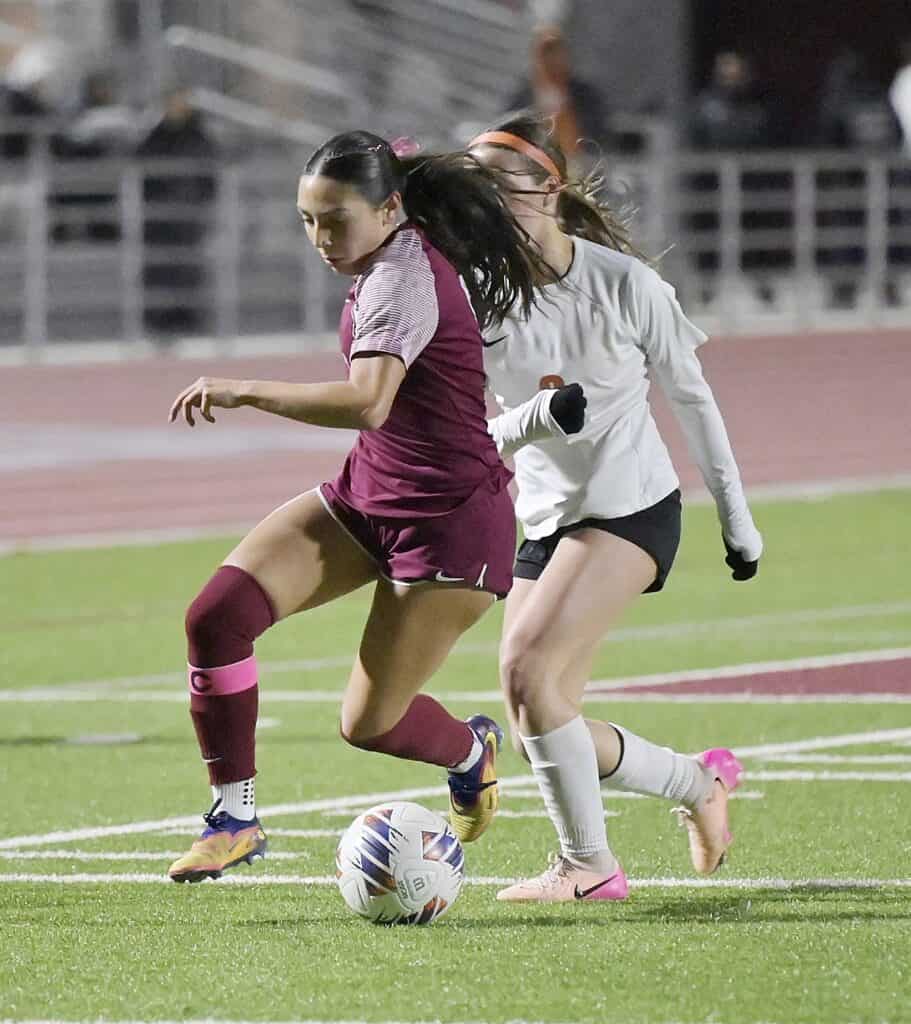 Photo of Matilda Torres’ Elihanna Gallegos dribbles by a Santa Ynez defender during Thursday’s semifinal match. Gallegos scored a goal and assisted on another during the 2-0 victory. 