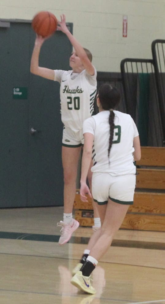 Photo of Liberty’s Macie Webster shoots a 3-pointer in Saturday’s playoff loss. Webster scored 18 points to lead the Hawks.