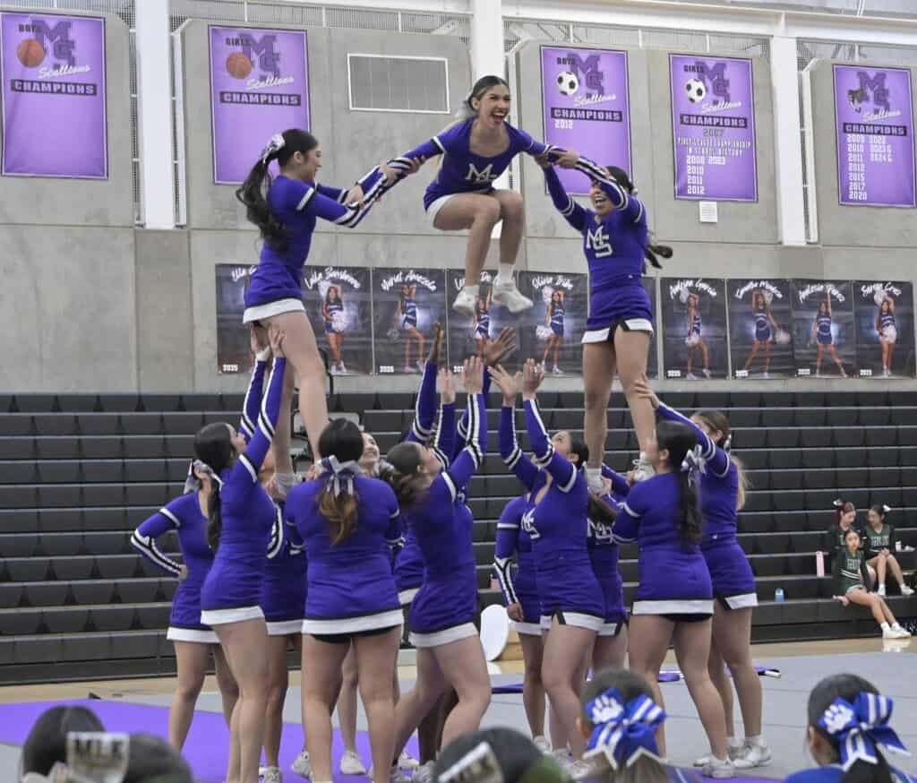 Photo of The Madera South Stallions’ show cheer team puts performs at last year’s Nationals Showcase. This year, all three high schools qualified for USA Nationals, and will perform at Monday’s send-off at Madera South High School. 