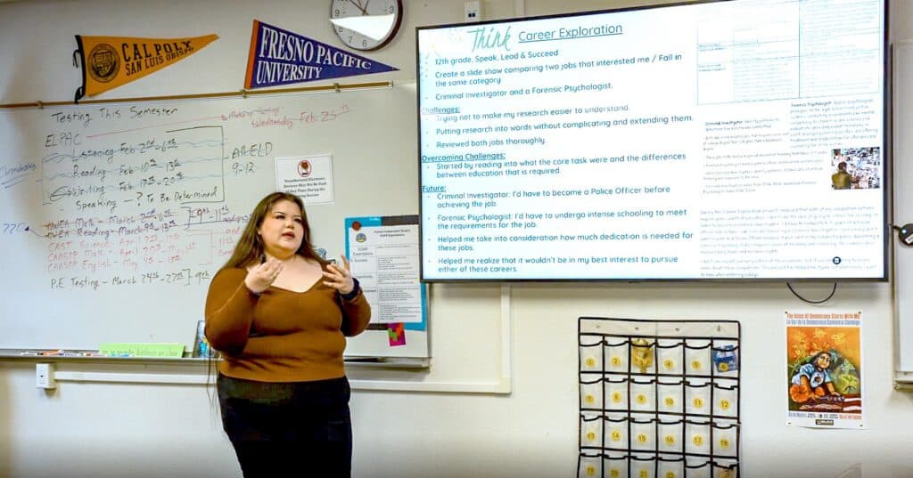 Photo of Andrea Rivera, a senior at Furman Independent Study, delivers her Graduate Profile presentation on Monday, describing the experience as a meaningful step toward graduation.