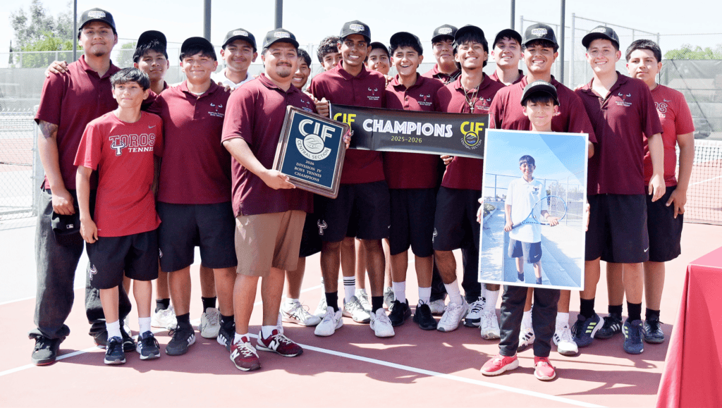 Photo - The Matilda Torres Toros boys tennis team celebrates with the Central Section Championship plaque after winning the Div. IV title Tuesday. They also honored Rafael Barragan Donan, who was a member of last year’s team and passed away last fall.