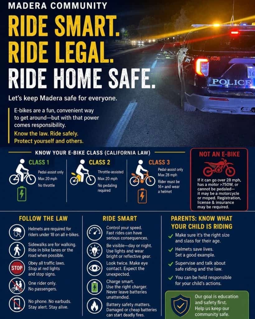 Photo - This flyer, provided by the Madera Police Department, informs residents about the increasing number of electric bikes in the city and how to be safe around them.