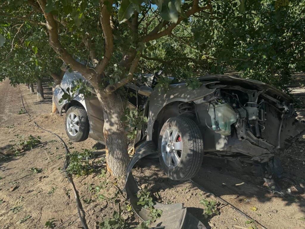 Photo - A Toyota Corolla sits mangled around a pistachio tree after an early morning crash on Saturday. The driver sustained major injuries from the crash.