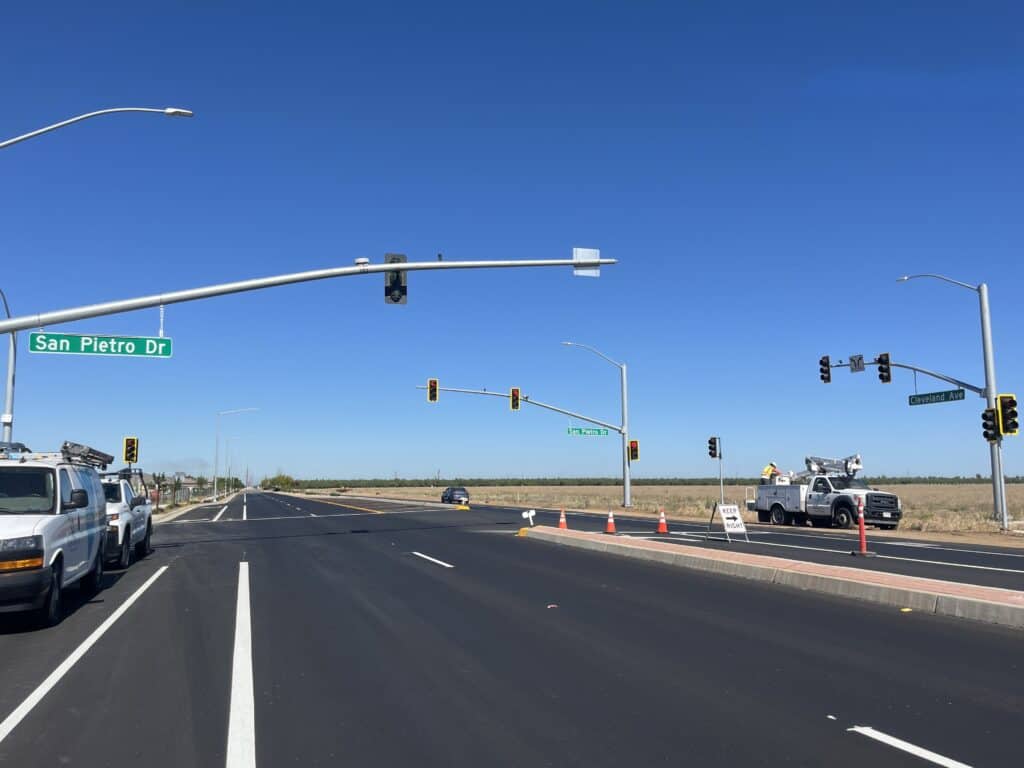 Photo - Traffic signals at the intersection of Cleveland Avenue and San Pietro Drive are now operational, but in flash mode. Signals are expected to be fully operational in two to three weeks.