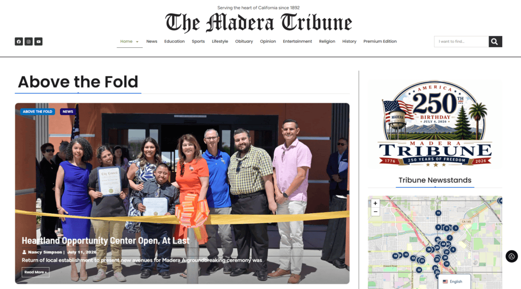 La página de inicio del nuevo sitio web de Madera Tribune