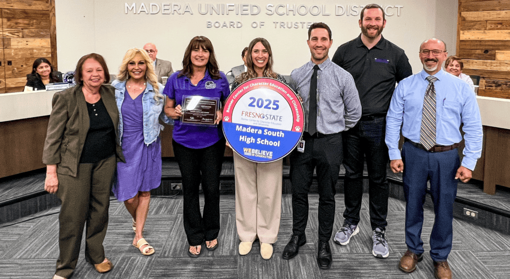 Photo - Madera South High School staff was recognized during a May 13 Madera Unified School District Board Meeting with the Bonner Character and Civic Education Award from the Bonner Center at Fresno State. From left are Director of the Fresno State Bonner Center Mabel Franksl District Culture & Climate Coach Marlo Haupt; MSHS Athletic Director Andrea Devine; MSHS Dean of Curriculum Stephanie Hamblen; MSHS Principal Jon Steinmetz; MSHS Activities Director Benjamin Cummings; and MSHS Vice Principal Danny Silva.