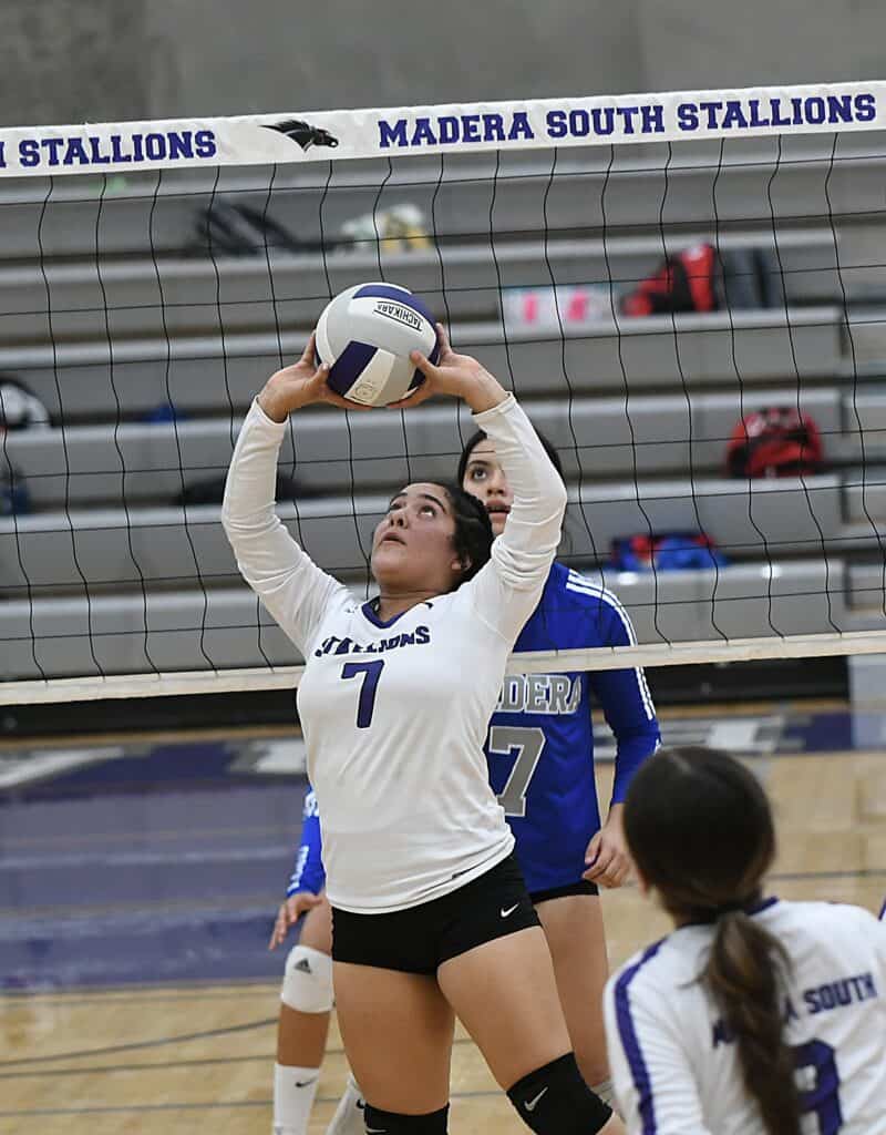 Madera South volleyball player setting the ball during match against Coyotes.