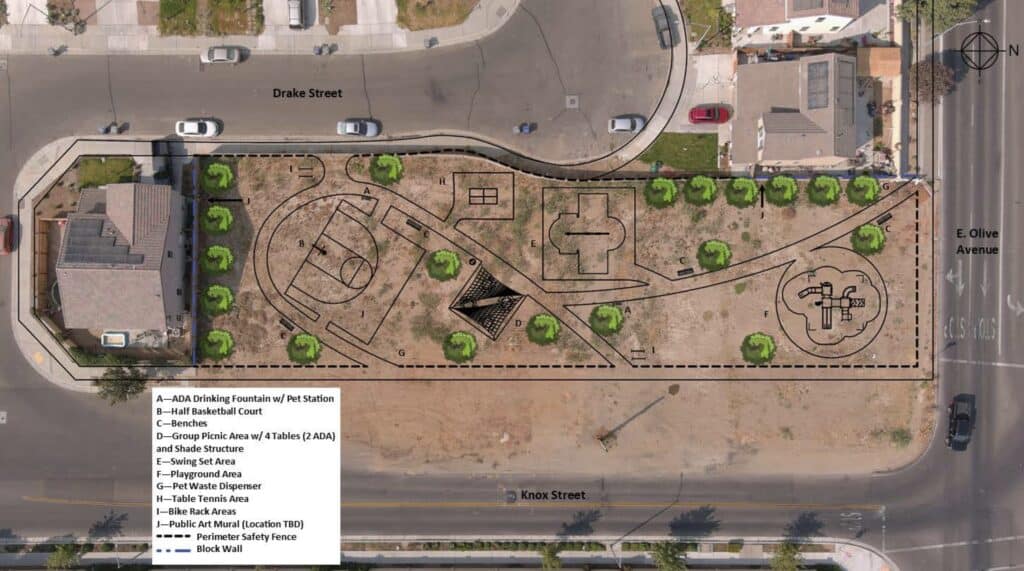 Community park with new playground and sports facilities in Madera.
