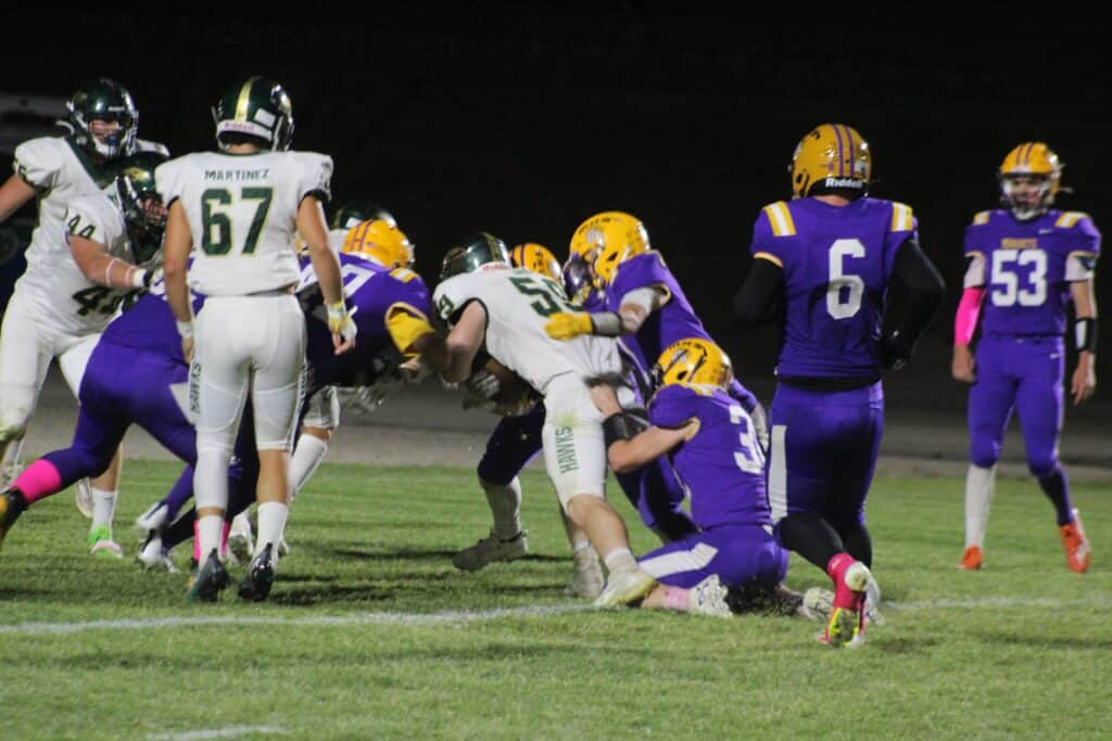 Youth football players competing on the field at night.