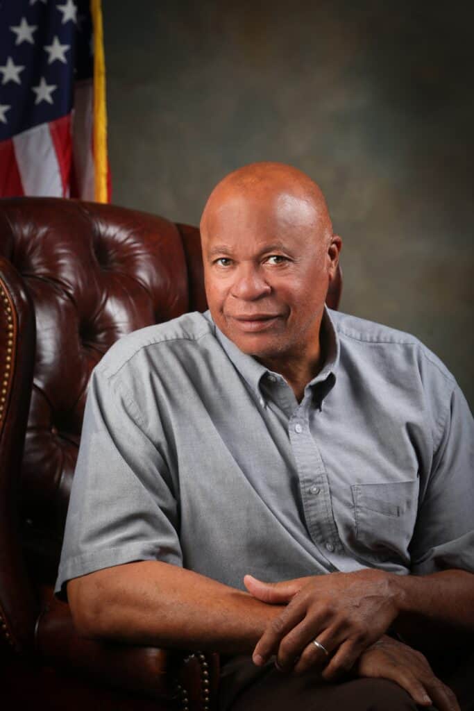 Portrait of a confident African American man in a gray shirt, seated in a leather chair with America.
