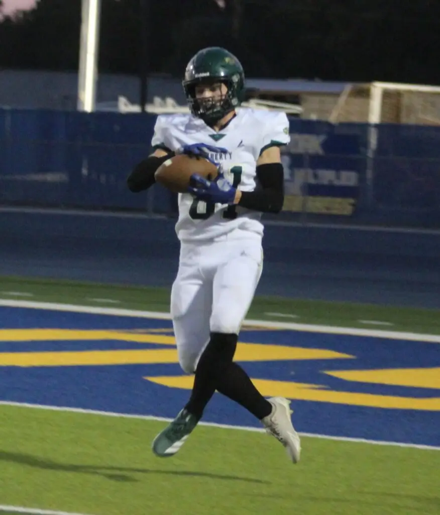 Photo - Liberty tight end Austin Graham makes a grab during a touchdown reception in Friday’s win over Dos Palos. Graham had three catches for 77 yards with a pair of touchdowns, and also had two quarterback sacks. 