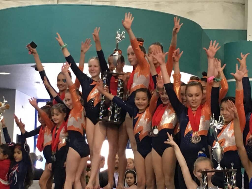 Gymnastics team wins Clovis team award, showcasing their skills and teamwork.