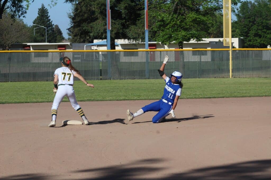 Photo - Madera’s Erika Perez leads off Saturday’s game with a double to eventually score the first run of a victory over the Kingsburg Vikings. She added a triple later in the game.