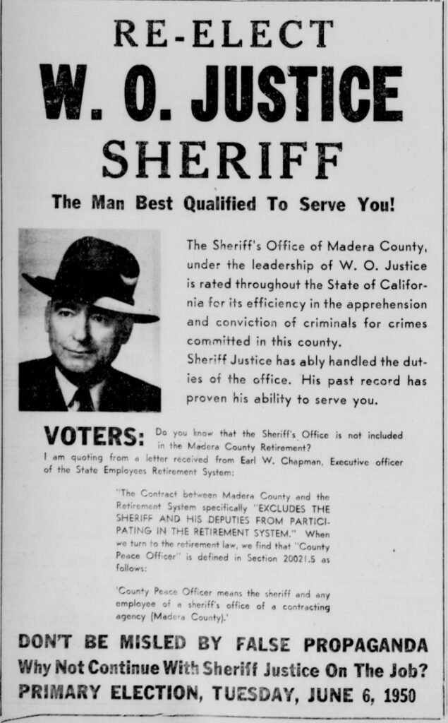 Madera County sheriff election poster featuring W.O. Justice candidate.