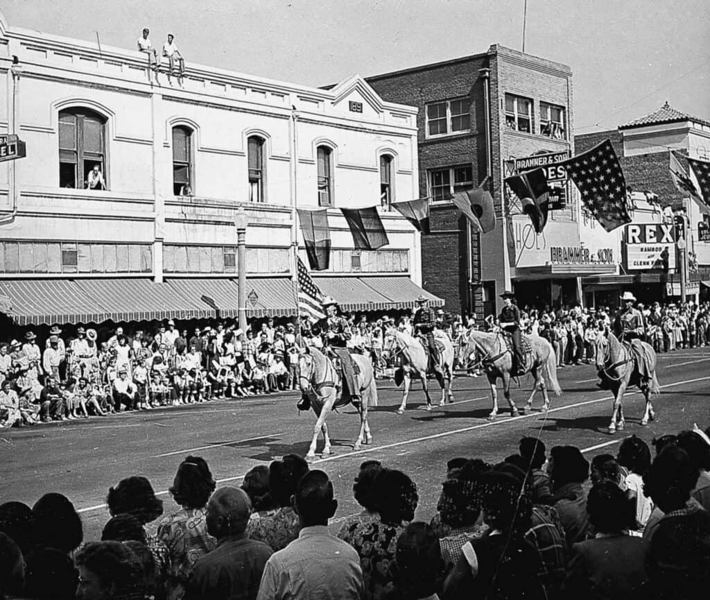 Historic Madera parade with horses and crowd, April 1 week.