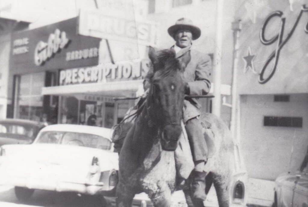 Historic photo of a local legend riding a horse in Madera.