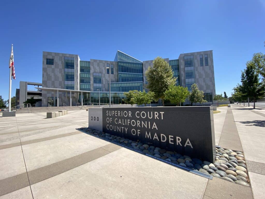 Madera County Superior Court building with modern architecture in California.