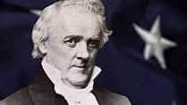Historical figure with a somber expression, set against a dark background with a star.