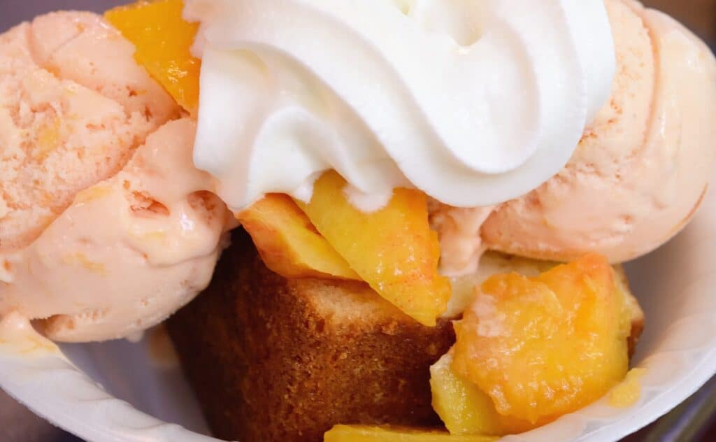 Close-up of peach dessert with whipped cream and cake, fresh peaches on top.