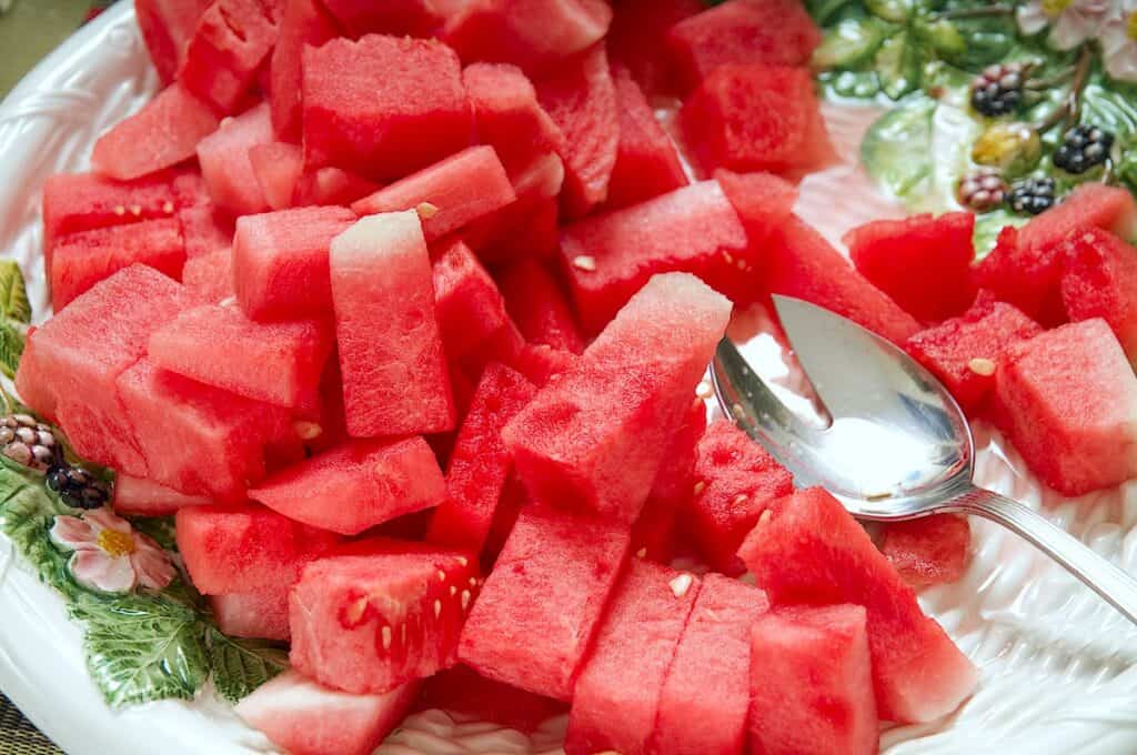 Fresh watermelon cubes for summer snacking and fruit salads.