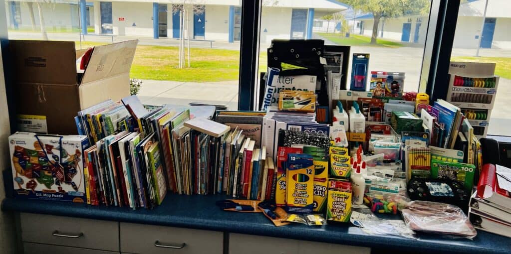 Books and school supplies donated to help Planada victims recover.