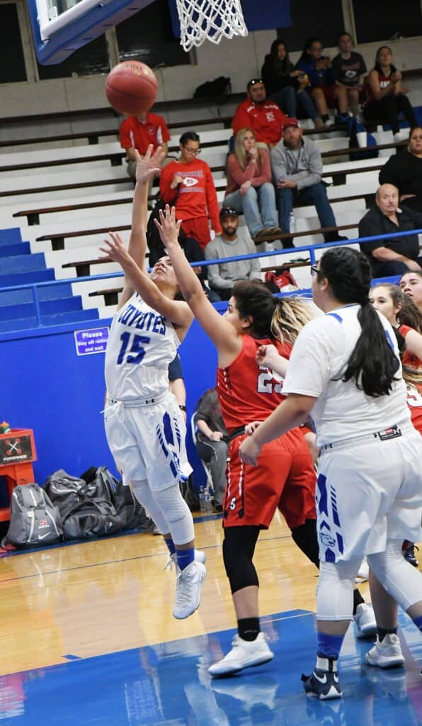 Girls' basketball game with players competing for the ball on the court.